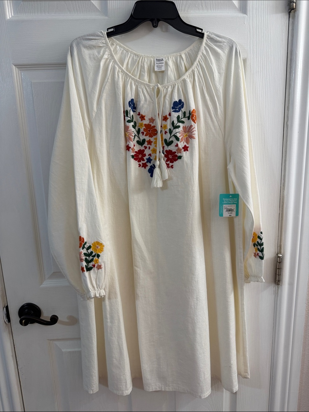 Woman Cream Embroidered Floral Dress with Tassel Tie